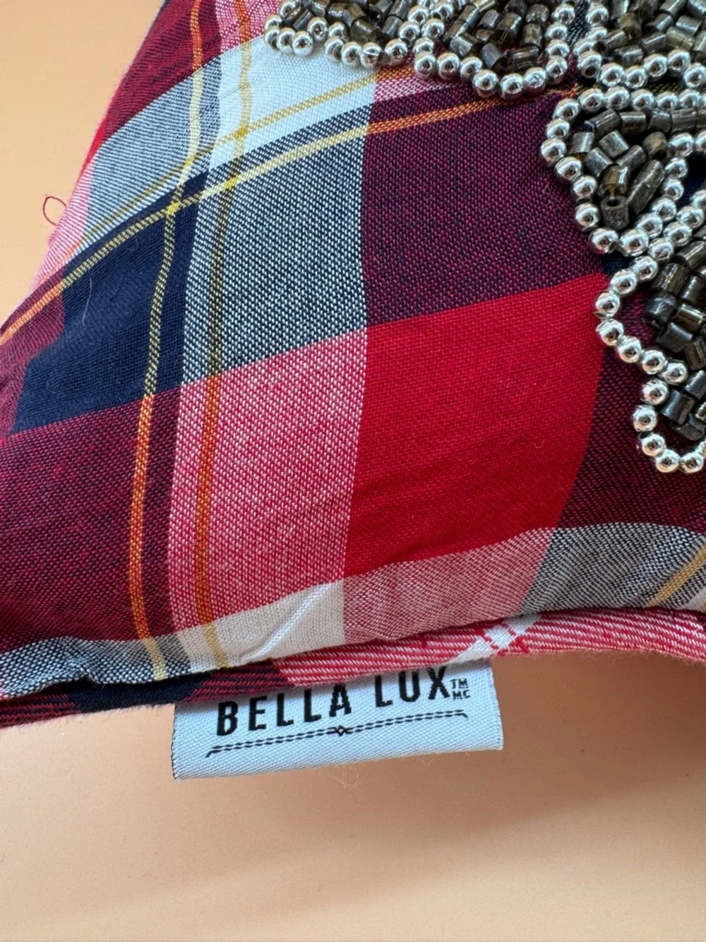 BELLA LUX Plaid Christmas Lumbar Cotton Pillow w/ Large Beaded Snowflakes
